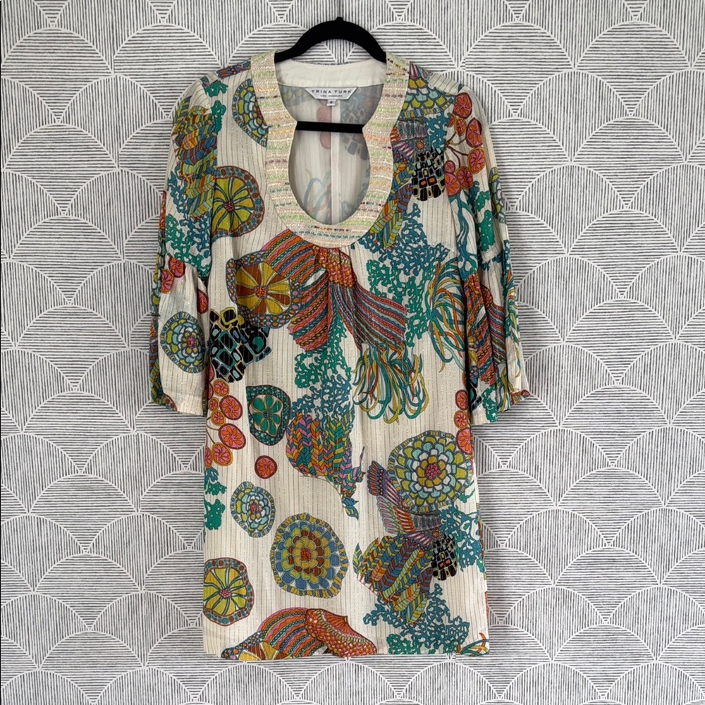 Trina Turk Blue and Orange 3/4 Sleeve Cut Out Tunic